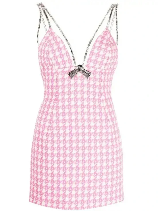 AREA Pink and White Tweed Dress with Silver Chain Detail - Picture 3 of 10